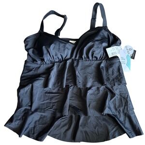 Women's Triple Pleat Black Tankini Top  Bust Support Fits Up To D Cup  NEW